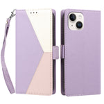 For iPhone 15 Case Color Stitching RFID Blocking Wallet Flip Leather Phone Cover with Wrist Strap