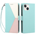 For iPhone 15 Case Color Stitching RFID Blocking Wallet Flip Leather Phone Cover with Wrist Strap