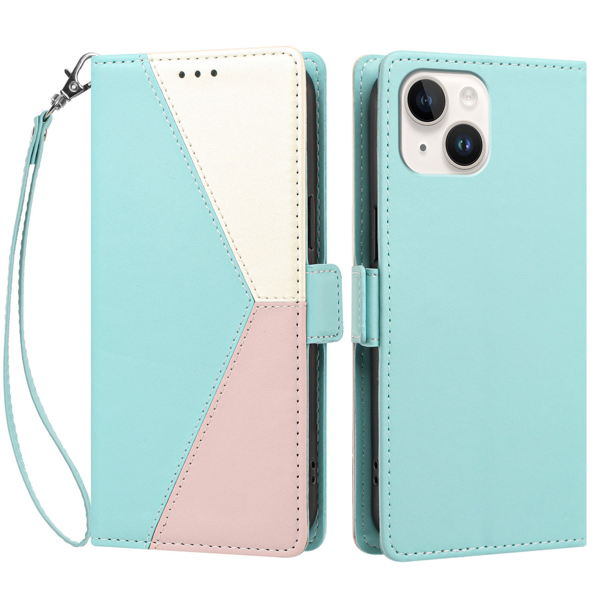 For iPhone 15 Case Color Stitching RFID Blocking Wallet Flip Leather Phone Cover with Wrist Strap