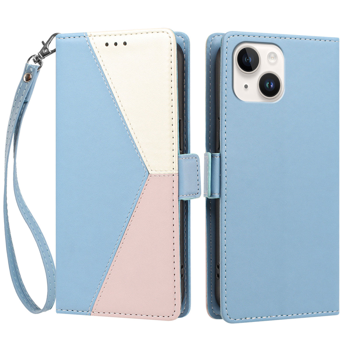 For iPhone 15 Case Color Stitching RFID Blocking Wallet Flip Leather Phone Cover with Wrist Strap