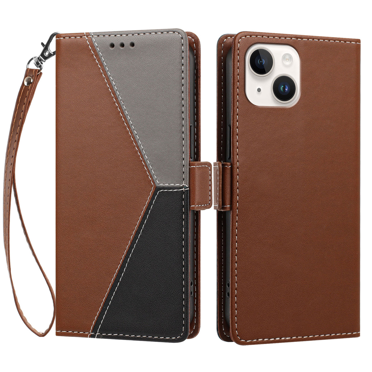For iPhone 15 Case Color Stitching RFID Blocking Wallet Flip Leather Phone Cover with Wrist Strap