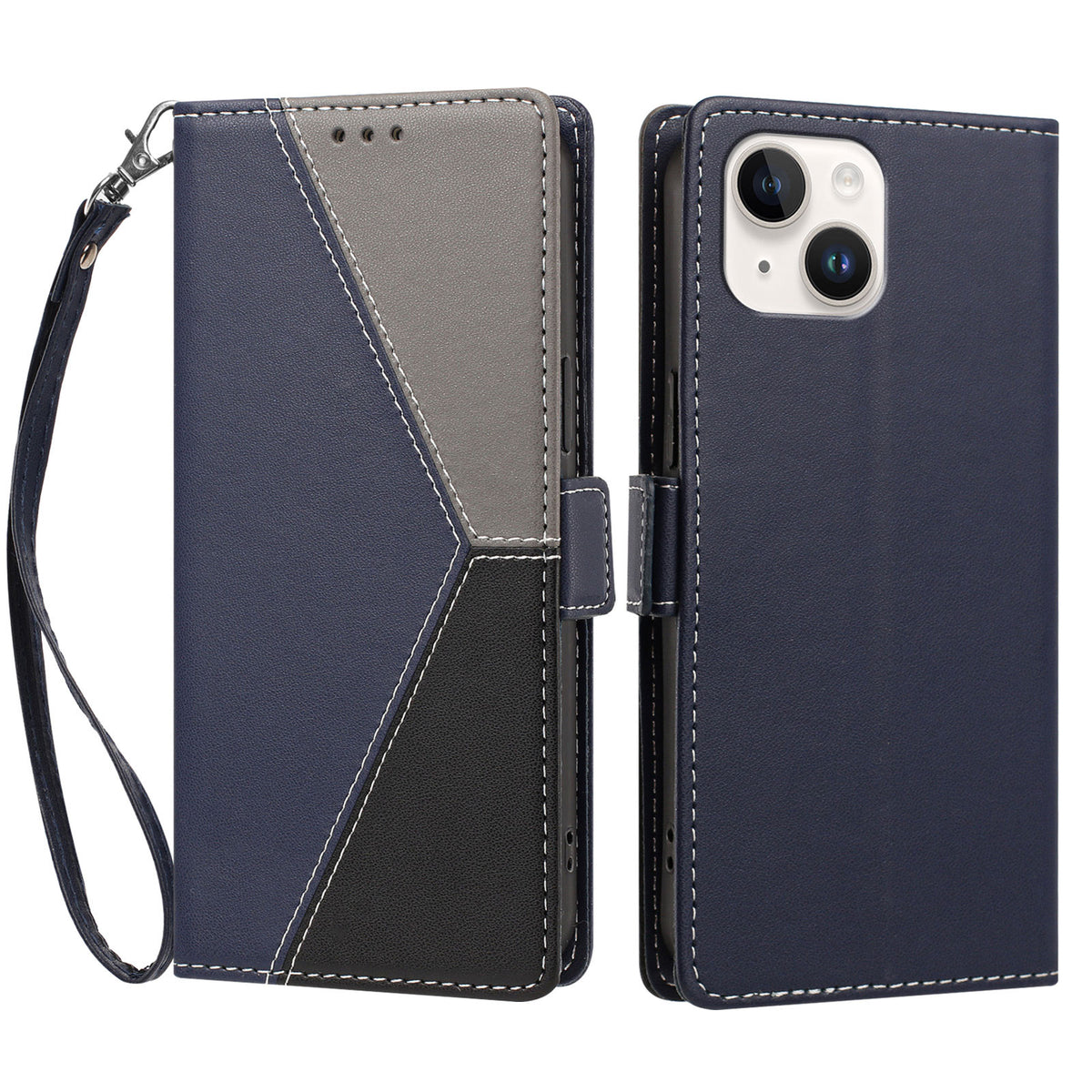 For iPhone 15 Case Color Stitching RFID Blocking Wallet Flip Leather Phone Cover with Wrist Strap