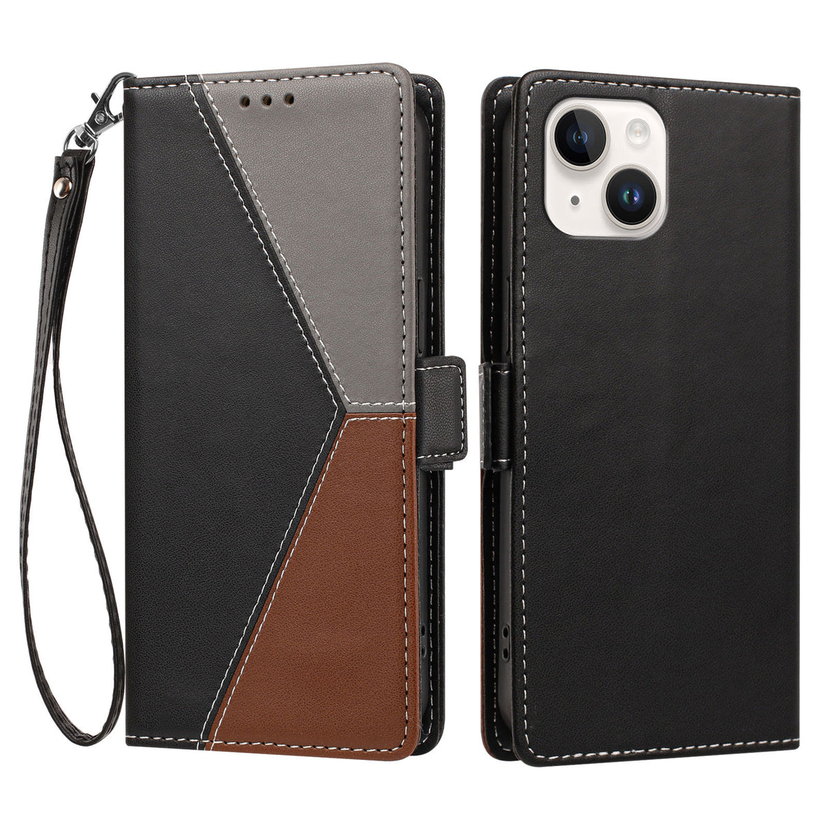 For iPhone 15 Case Color Stitching RFID Blocking Wallet Flip Leather Phone Cover with Wrist Strap
