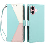 For iPhone 16 Case Color Stitching RFID Blocking Wallet Flip Leather Phone Cover with Wrist Strap