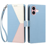 For iPhone 16 Case Color Stitching RFID Blocking Wallet Flip Leather Phone Cover with Wrist Strap