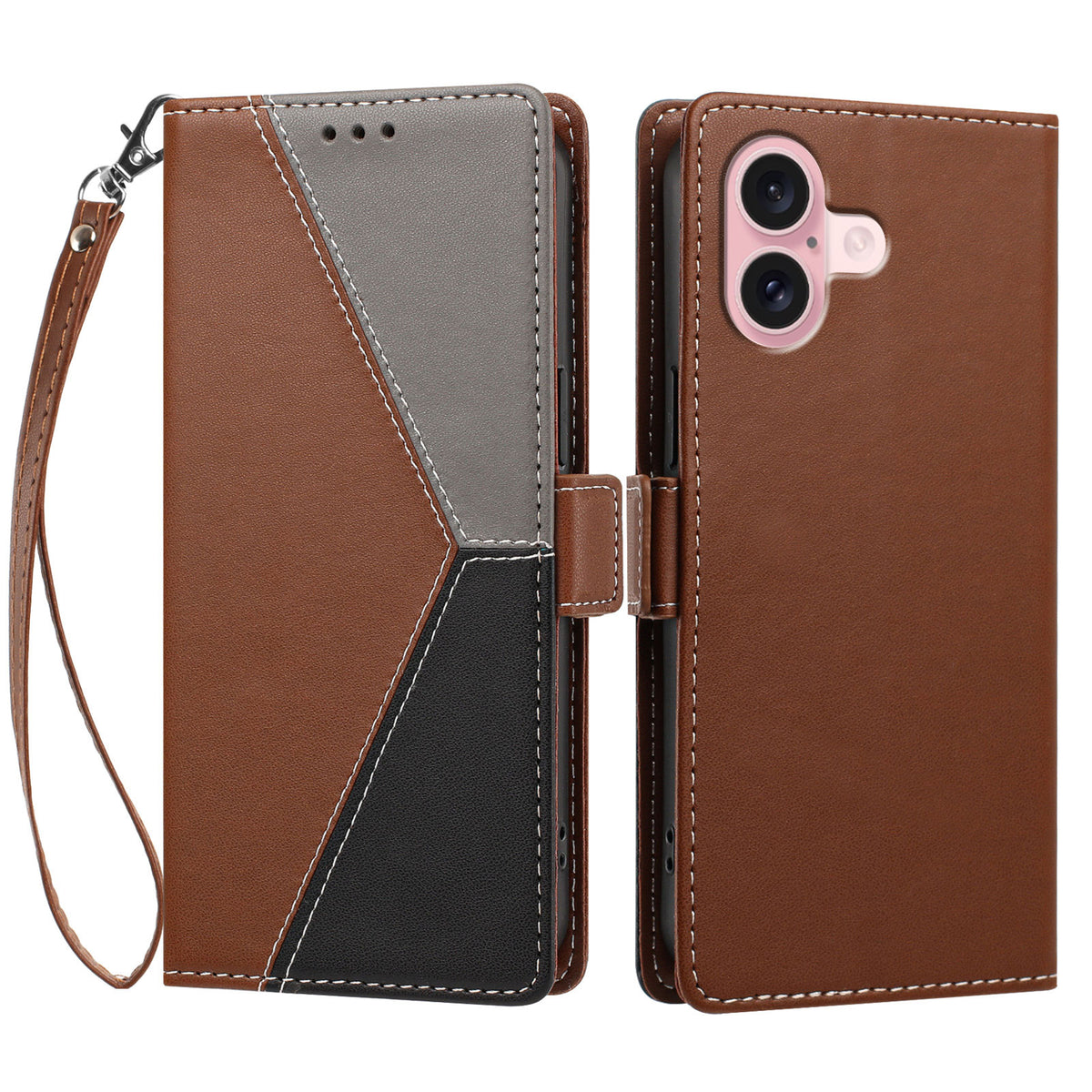 For iPhone 16 Case Color Stitching RFID Blocking Wallet Flip Leather Phone Cover with Wrist Strap
