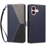 For iPhone 16 Case Color Stitching RFID Blocking Wallet Flip Leather Phone Cover with Wrist Strap