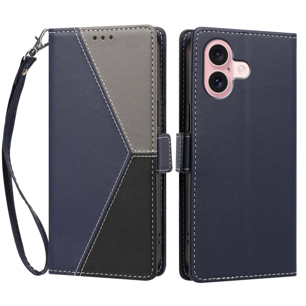 For iPhone 16 Case Color Stitching RFID Blocking Wallet Flip Leather Phone Cover with Wrist Strap