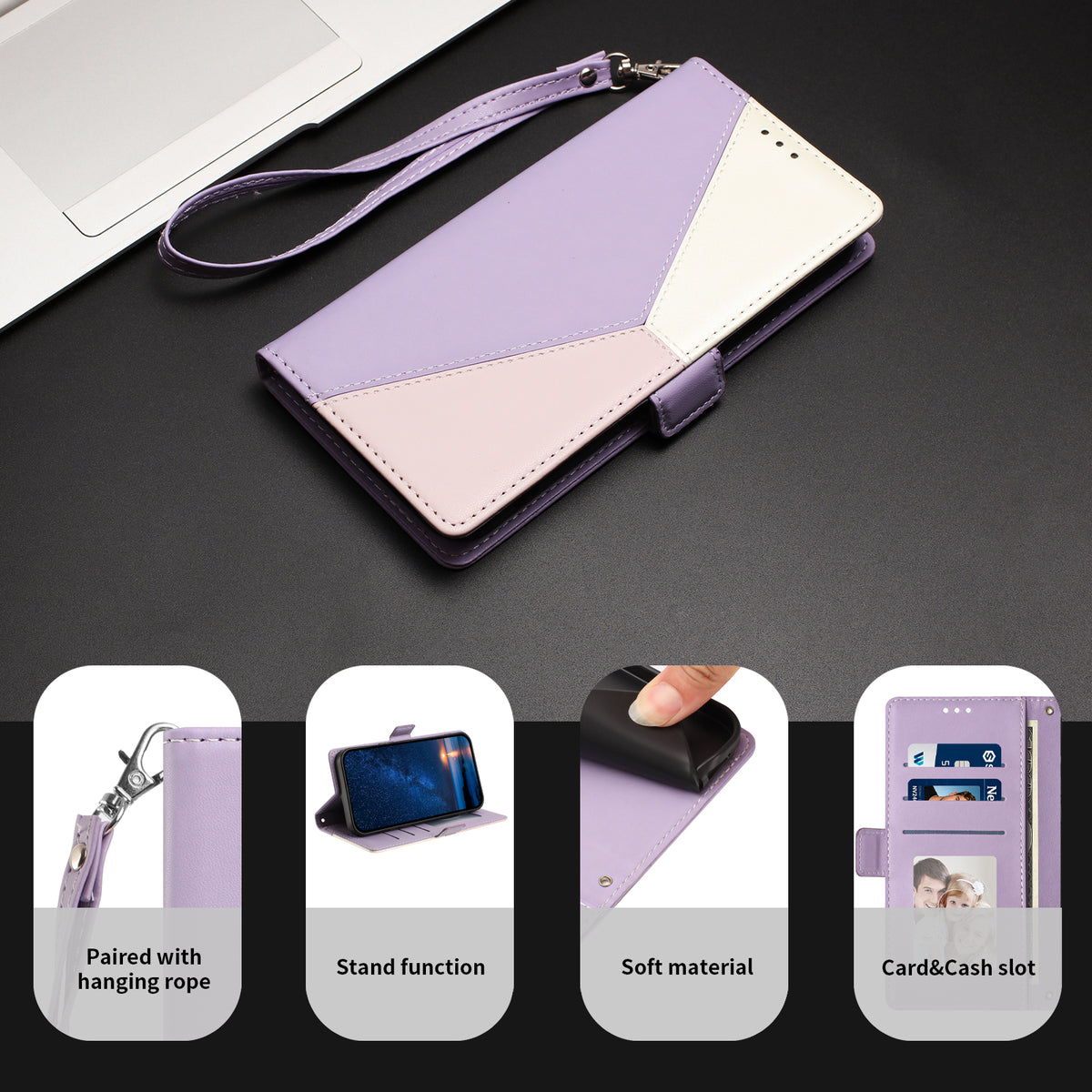 For iPhone 15 Pro Case Color Stitching RFID Blocking Wallet Flip Leather Phone Cover with Wrist Strap