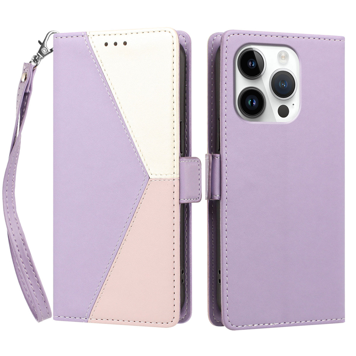 For iPhone 16 Pro Max Case Color Stitching RFID Blocking Wallet Flip Leather Phone Cover with Wrist Strap
