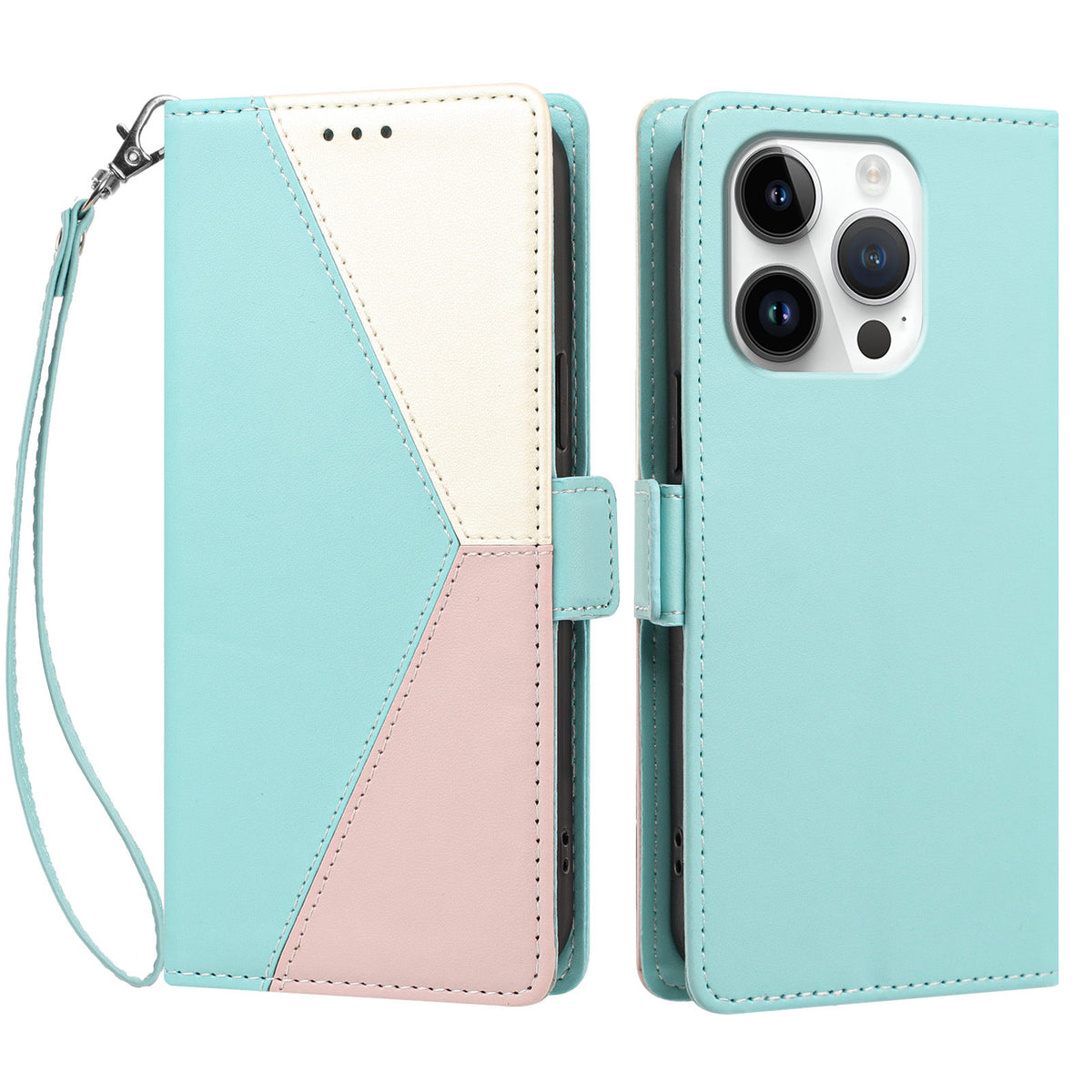For iPhone 16 Pro Max Case Color Stitching RFID Blocking Wallet Flip Leather Phone Cover with Wrist Strap