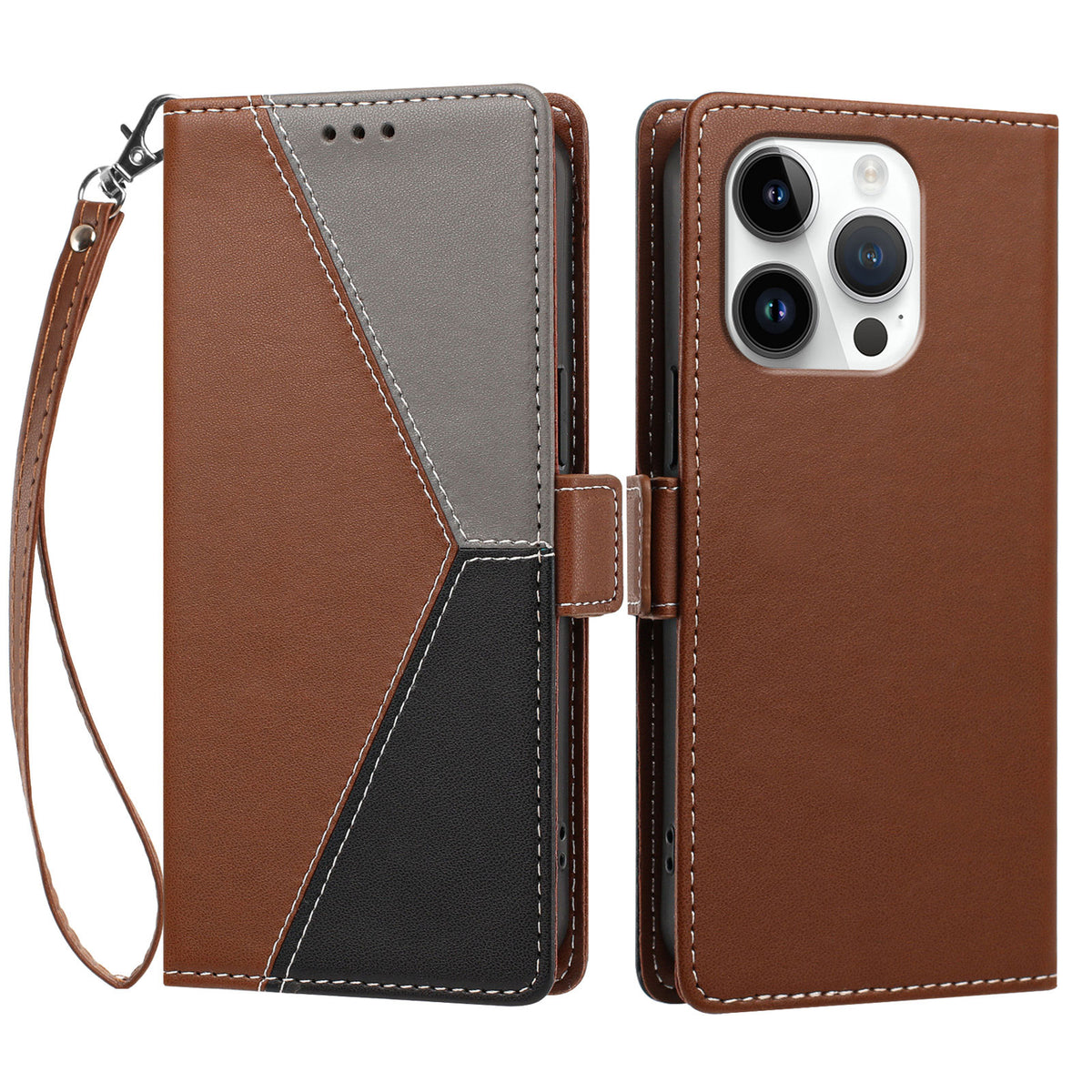 For iPhone 16 Pro Max Case Color Stitching RFID Blocking Wallet Flip Leather Phone Cover with Wrist Strap