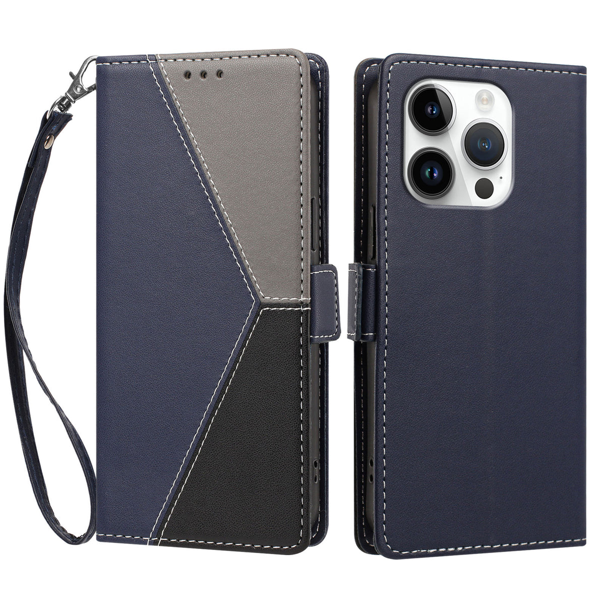 For iPhone 16 Pro Max Case Color Stitching RFID Blocking Wallet Flip Leather Phone Cover with Wrist Strap