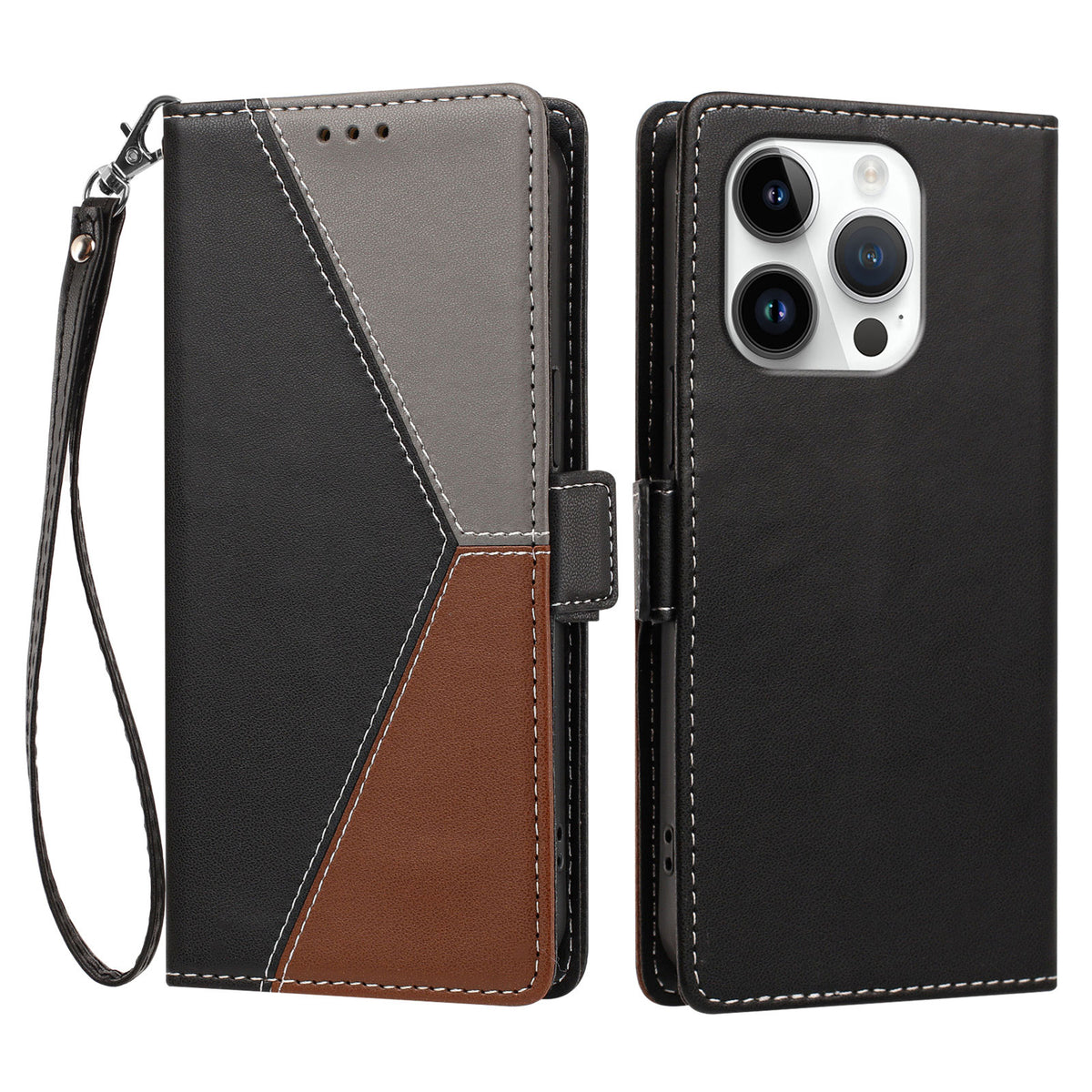 For iPhone 16 Pro Max Case Color Stitching RFID Blocking Wallet Flip Leather Phone Cover with Wrist Strap