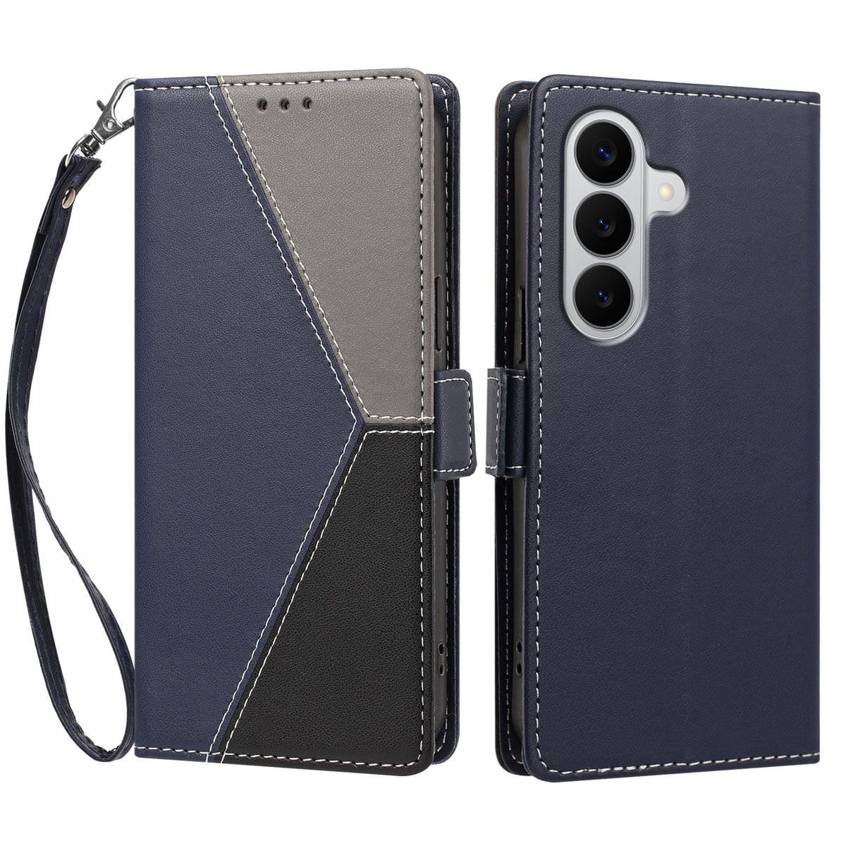 For Samsung Galaxy A27 5G / M47 5G Case Color Stitching RFID Blocking Wallet Flip Leather Phone Cover with Wrist Strap