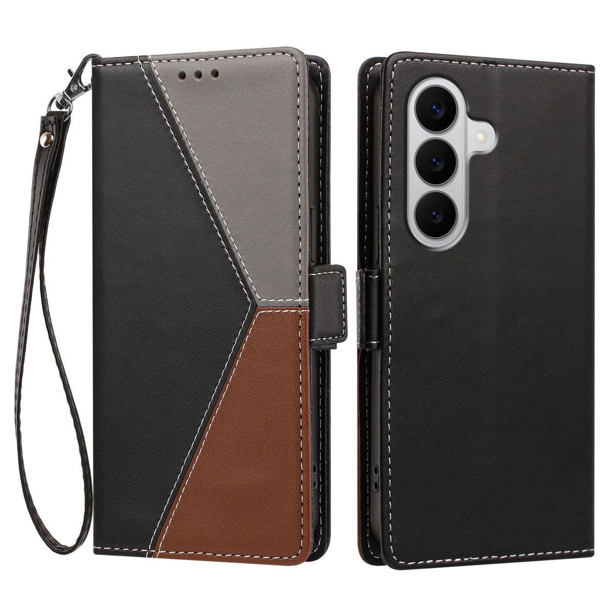 For Samsung Galaxy A27 5G / M47 5G Case Color Stitching RFID Blocking Wallet Flip Leather Phone Cover with Wrist Strap
