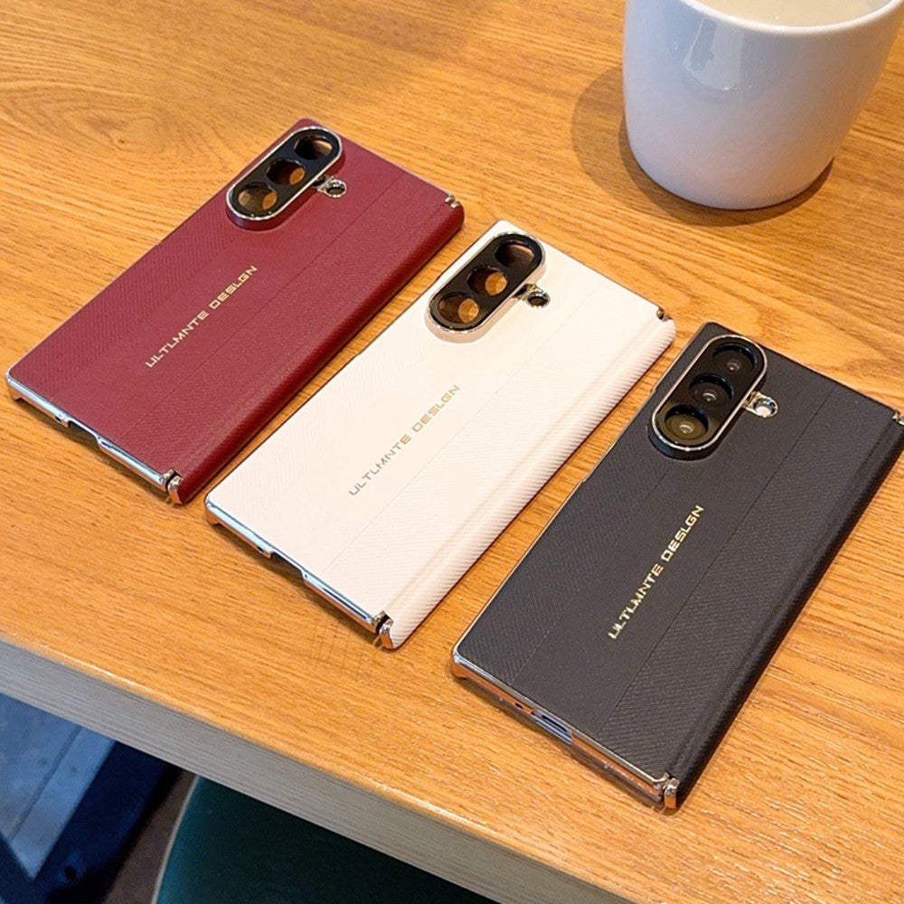 For Samsung Galaxy Z Fold7 5G Case Dual Axis Hinge Electroplated Metal Frame Leather + PC + TPU Phone Cover