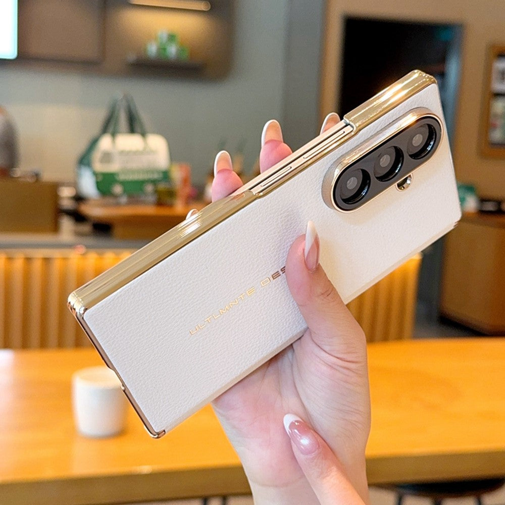 For Samsung Galaxy Z Fold7 5G Case Dual Axis Hinge Electroplated Litchi Texture Leather + PC + TPU Phone Cover