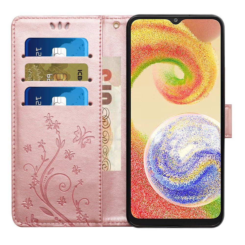 For Samsung Galaxy A08 5G  /  Galaxy A08 4G Leather Wallet Case Butterfly Flower Imprinted Phone Cover with Strap