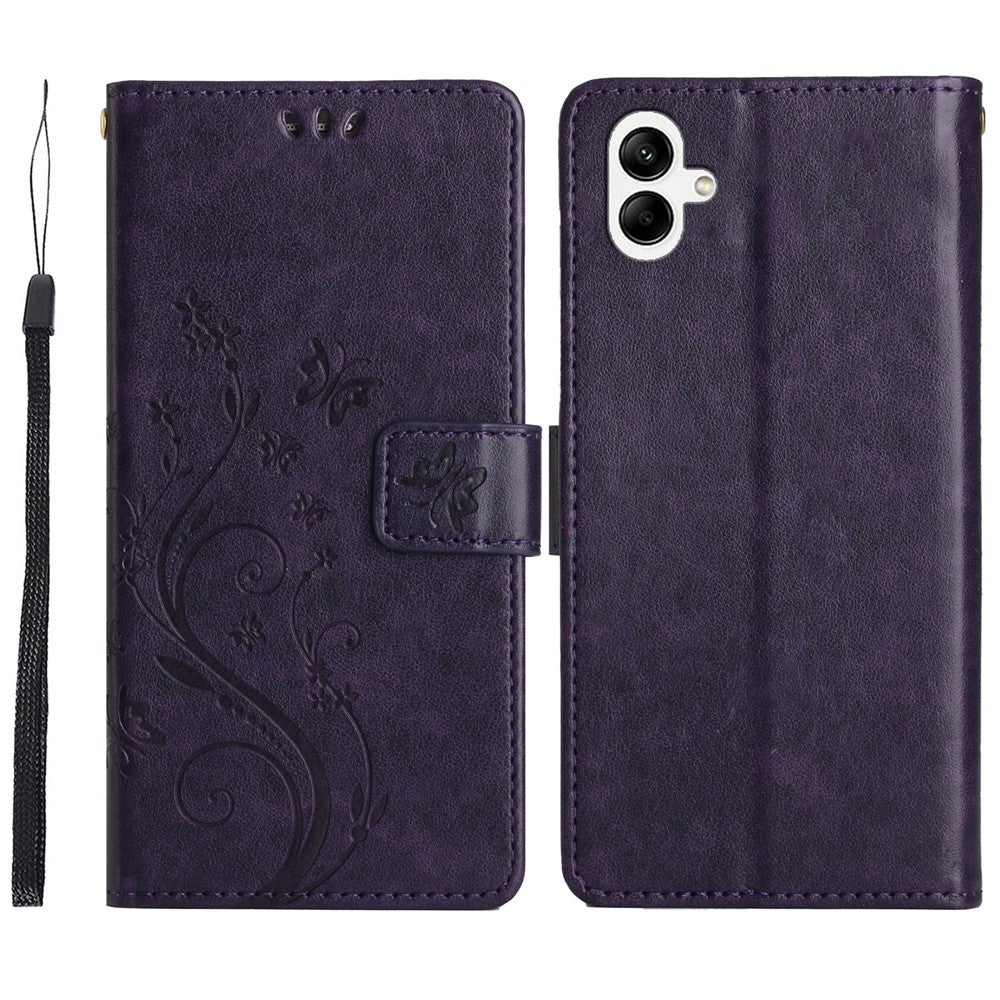 For Samsung Galaxy A08 5G  /  Galaxy A08 4G Leather Wallet Case Butterfly Flower Imprinted Phone Cover with Strap