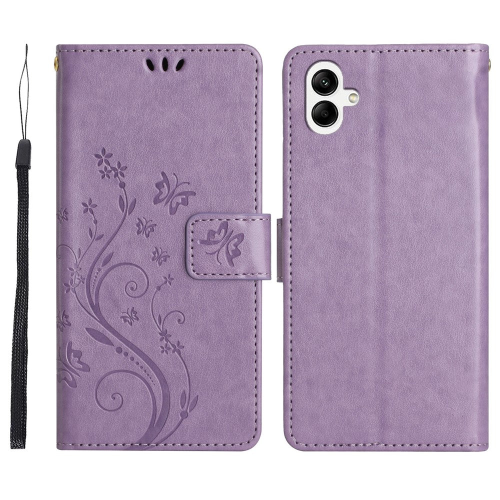 For Samsung Galaxy A08 5G  /  Galaxy A08 4G Leather Wallet Case Butterfly Flower Imprinted Phone Cover with Strap