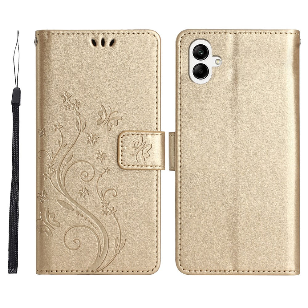 For Samsung Galaxy A08 5G  /  Galaxy A08 4G Leather Wallet Case Butterfly Flower Imprinted Phone Cover with Strap