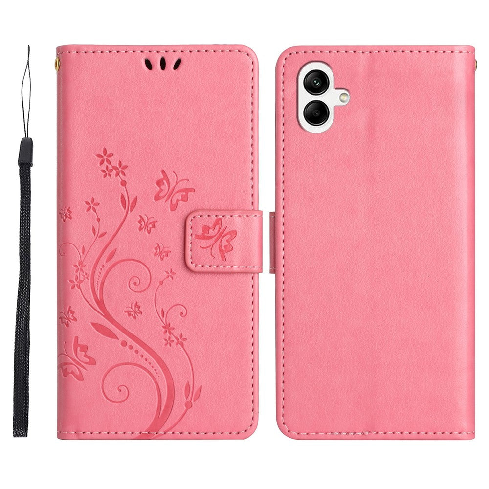For Samsung Galaxy A08 5G  /  Galaxy A08 4G Leather Wallet Case Butterfly Flower Imprinted Phone Cover with Strap