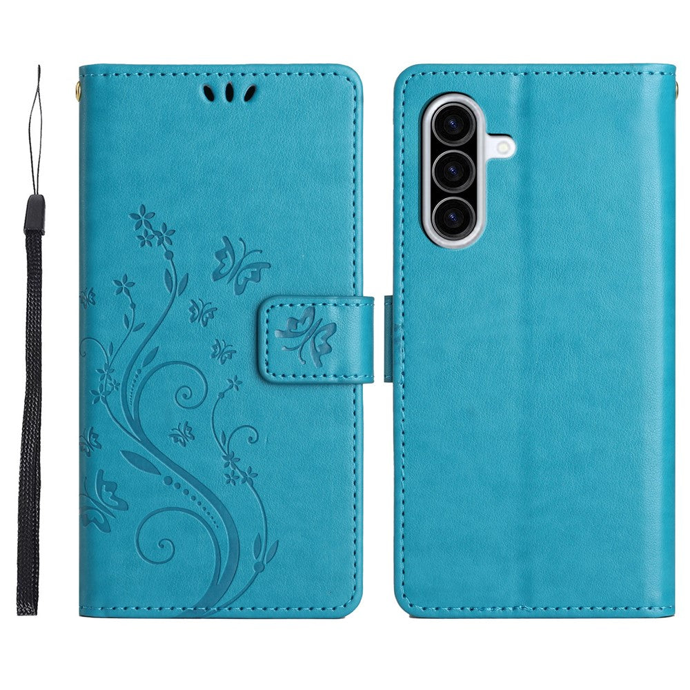 Til Samsung Galaxy A18 4G / Galaxy A18 5G Læderpungcover Sommerfugl Blomst Præget Telefoncover med Rem