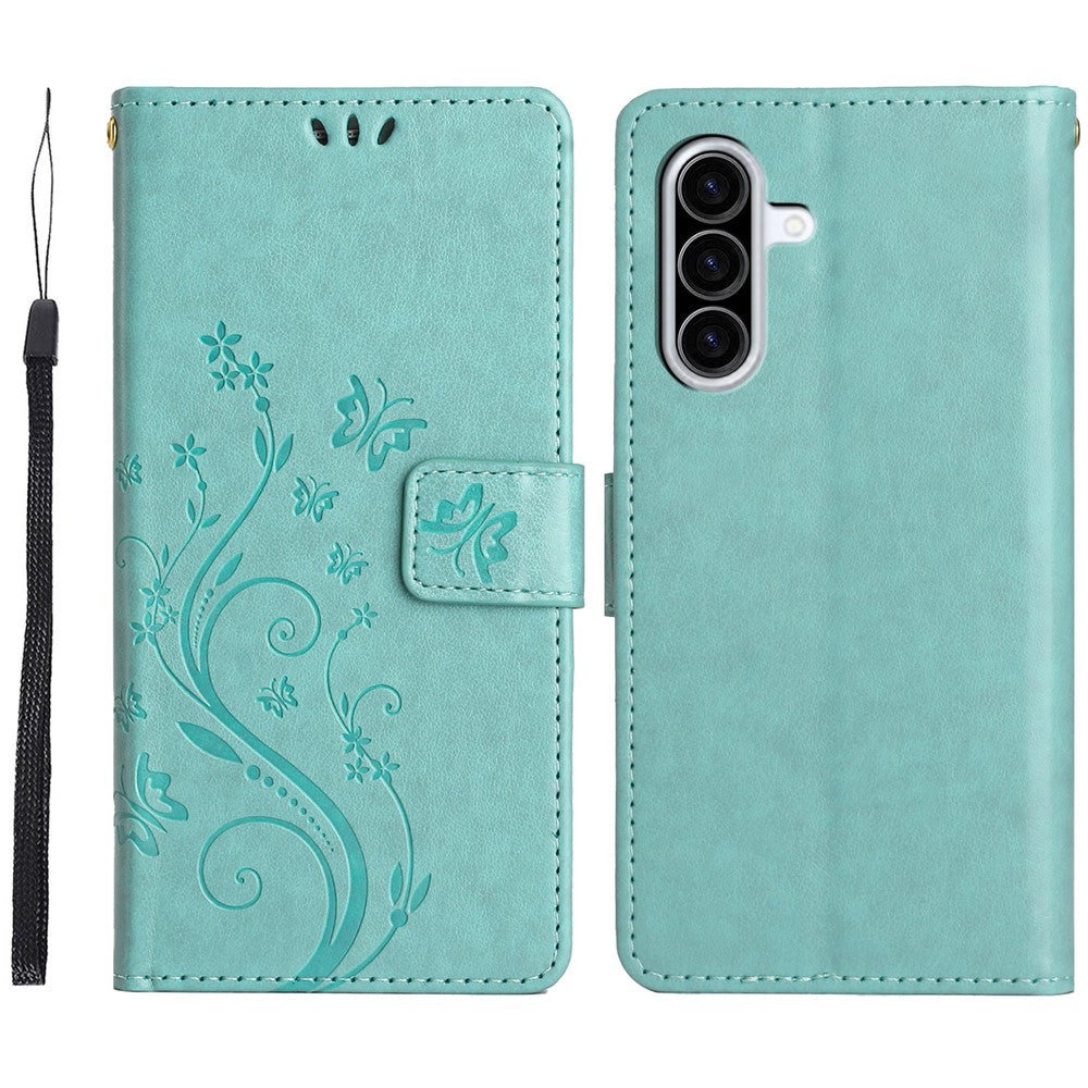 Til Samsung Galaxy A18 4G / Galaxy A18 5G Læderpungcover Sommerfugl Blomst Præget Telefoncover med Rem