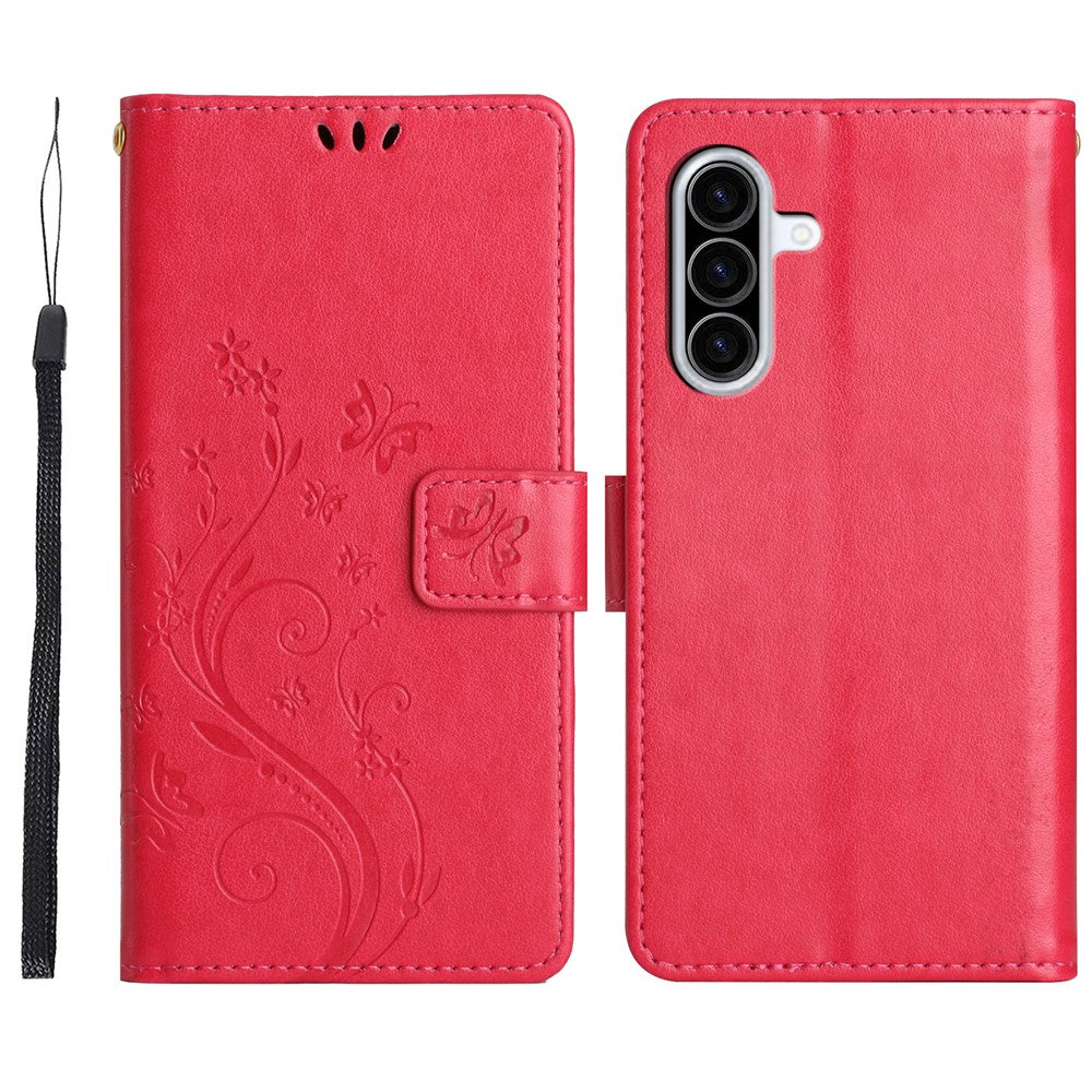 Til Samsung Galaxy A18 4G / Galaxy A18 5G Læderpungcover Sommerfugl Blomst Præget Telefoncover med Rem