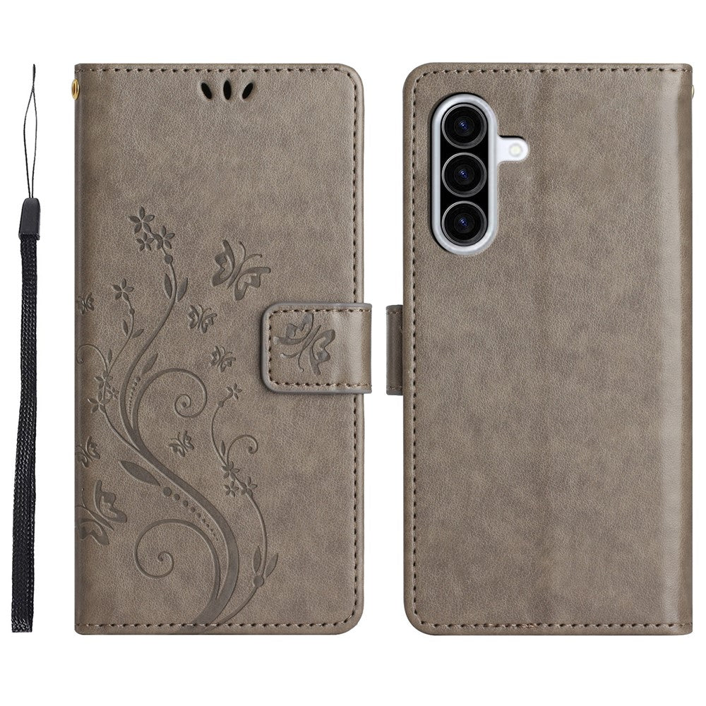 Til Samsung Galaxy A18 4G / Galaxy A18 5G Læderpungcover Sommerfugl Blomst Præget Telefoncover med Rem