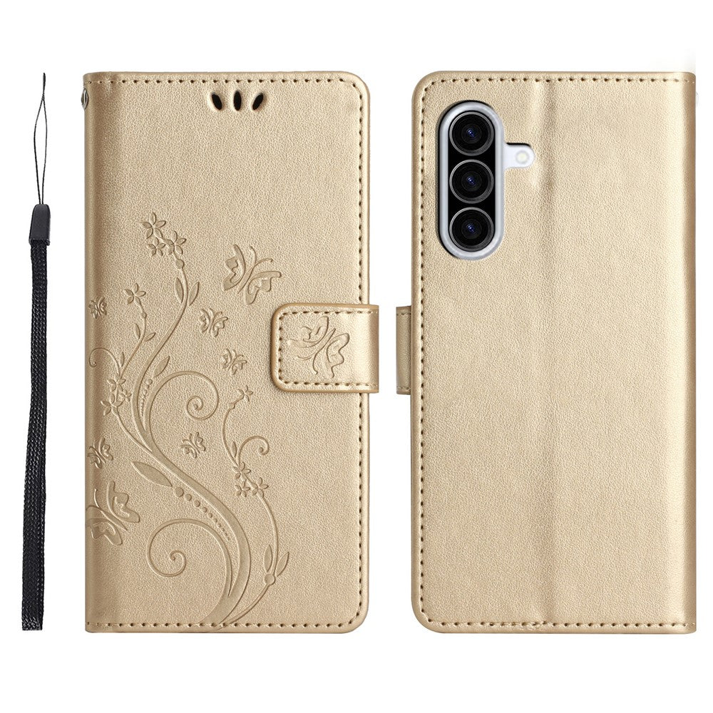 Til Samsung Galaxy A18 4G / Galaxy A18 5G Læderpungcover Sommerfugl Blomst Præget Telefoncover med Rem