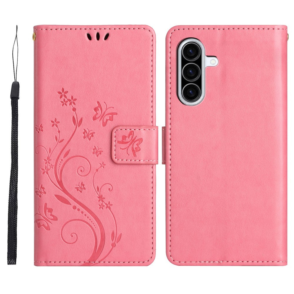 Til Samsung Galaxy A18 4G / Galaxy A18 5G Læderpungcover Sommerfugl Blomst Præget Telefoncover med Rem