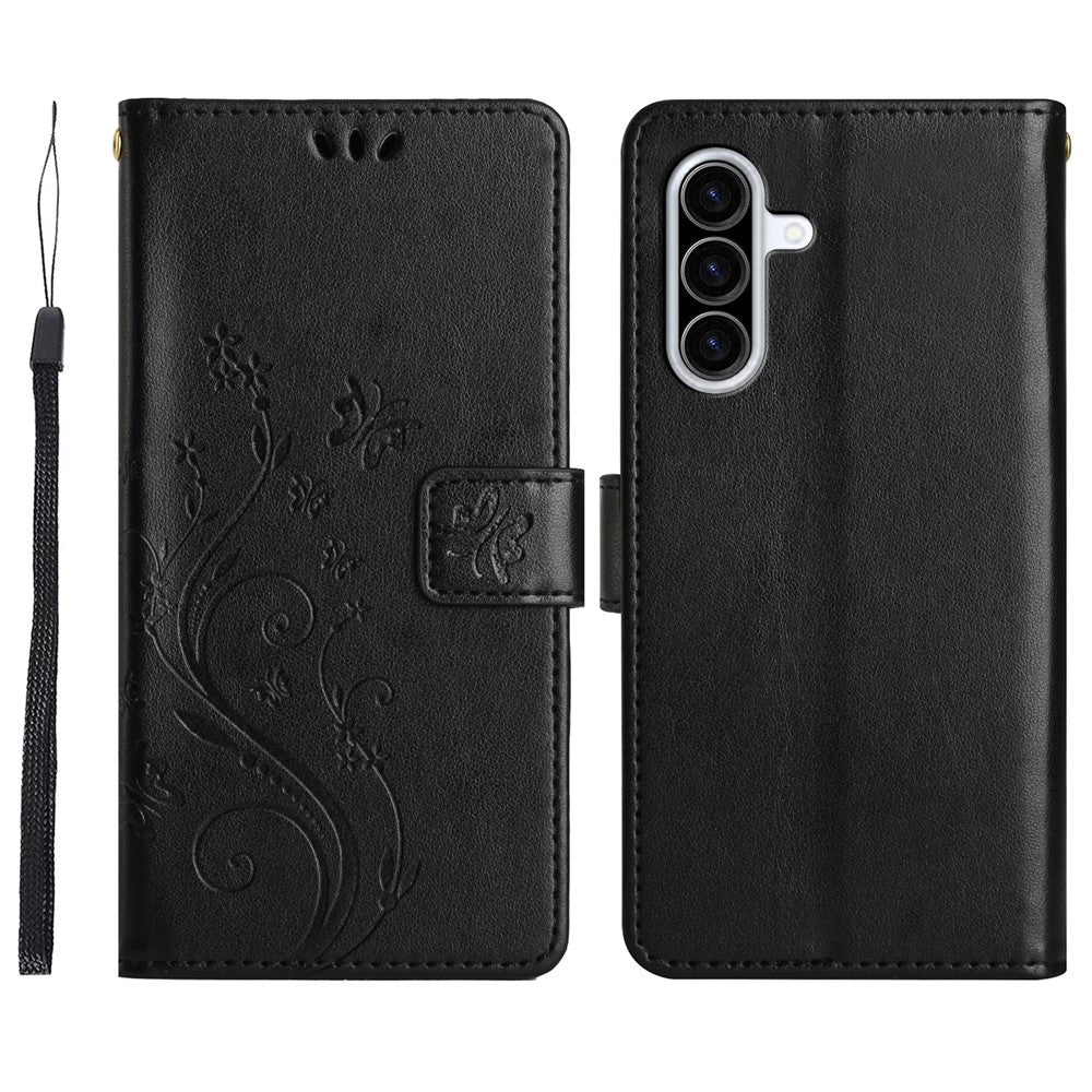 Til Samsung Galaxy A18 4G / Galaxy A18 5G Læderpungcover Sommerfugl Blomst Præget Telefoncover med Rem