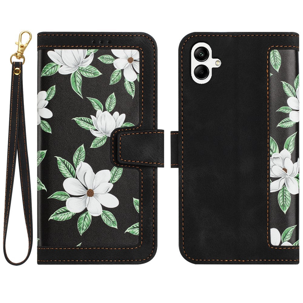 Samsung Galaxy A08 5G / Galaxy A08 4G-cover i PU-læder, blomstret mobilcover med kortholder og håndledsrem