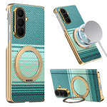 For Samsung Galaxy Z Fold7 5G Magnetic Case Ring Kickstand Hinge Design Electroplated Leather + PC Cover