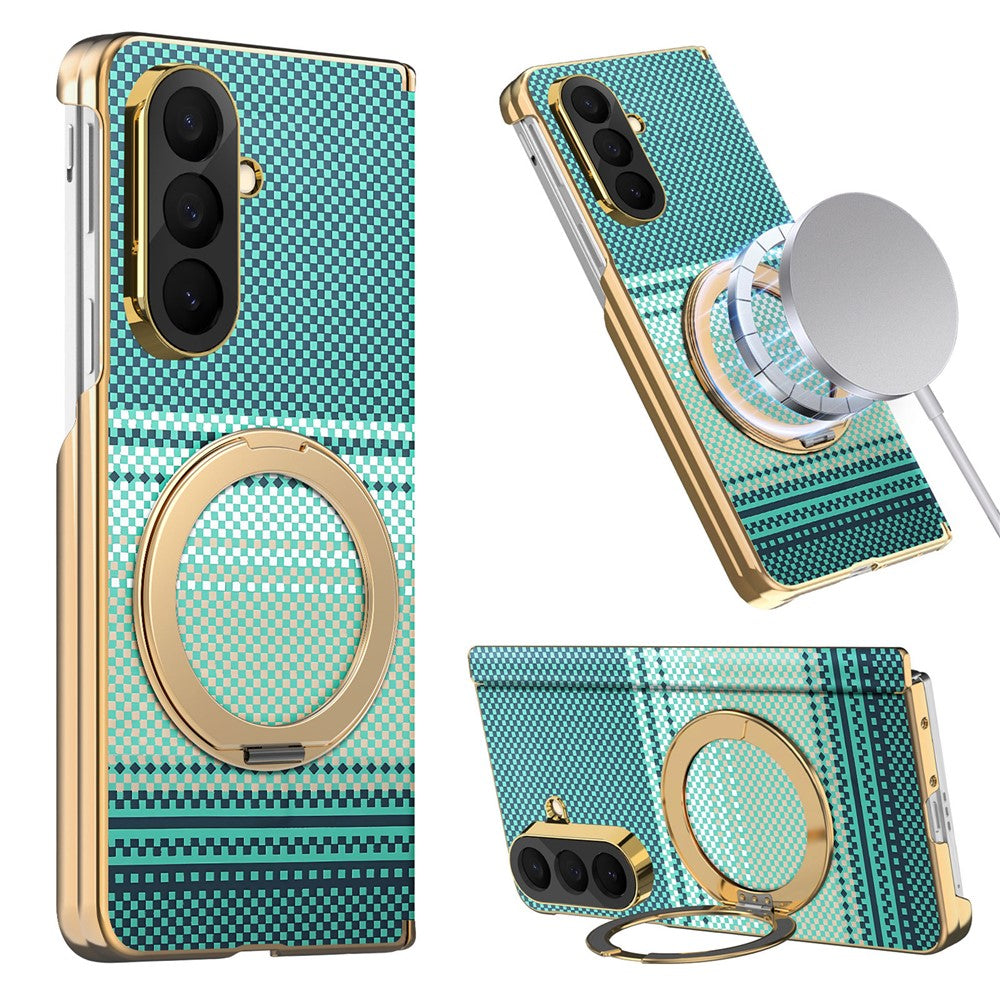 For Samsung Galaxy Z Fold7 5G Magnetic Case Ring Kickstand Hinge Design Electroplated Leather + PC Cover