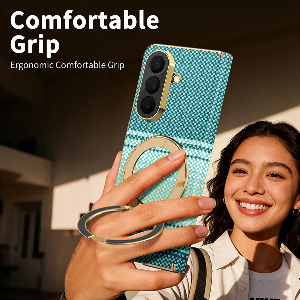 For Samsung Galaxy Z Fold7 5G Magnetic Case Ring Kickstand Hinge Design Electroplated Leather + PC Cover
