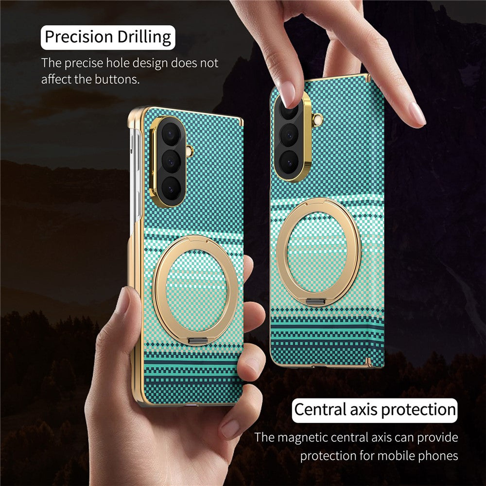 For Samsung Galaxy Z Fold7 5G Magnetic Case Ring Kickstand Hinge Design Electroplated Leather + PC Cover