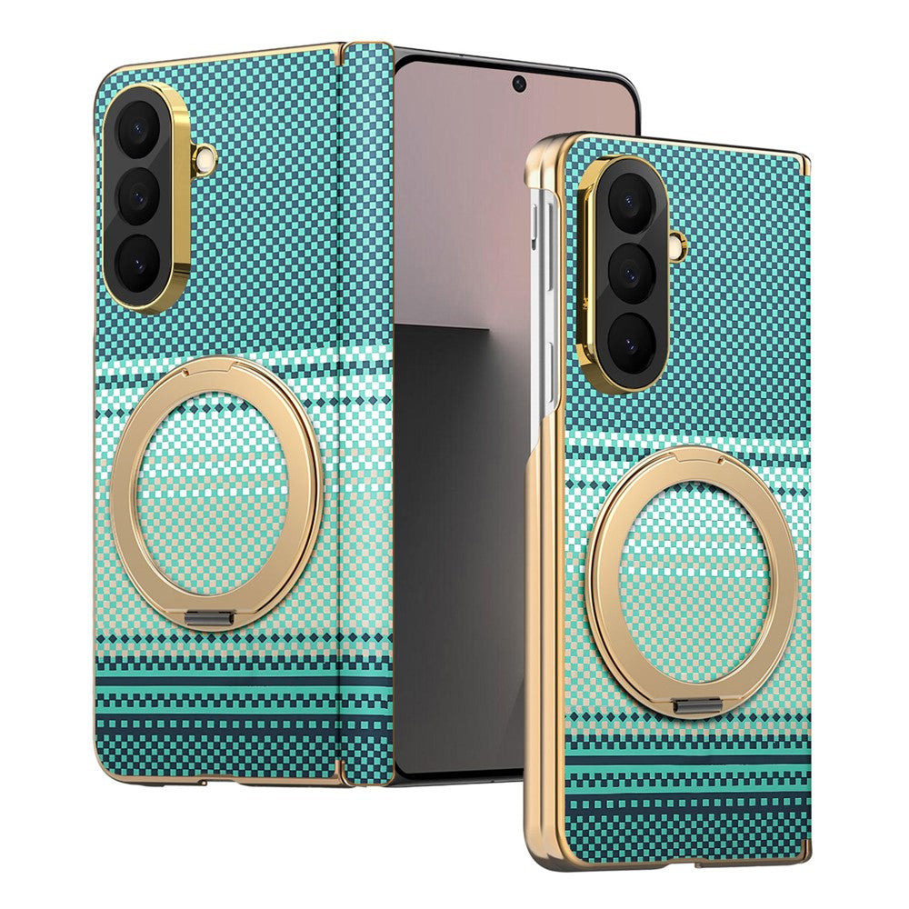 For Samsung Galaxy Z Fold7 5G Magnetic Case Ring Kickstand Hinge Design Electroplated Leather + PC Cover