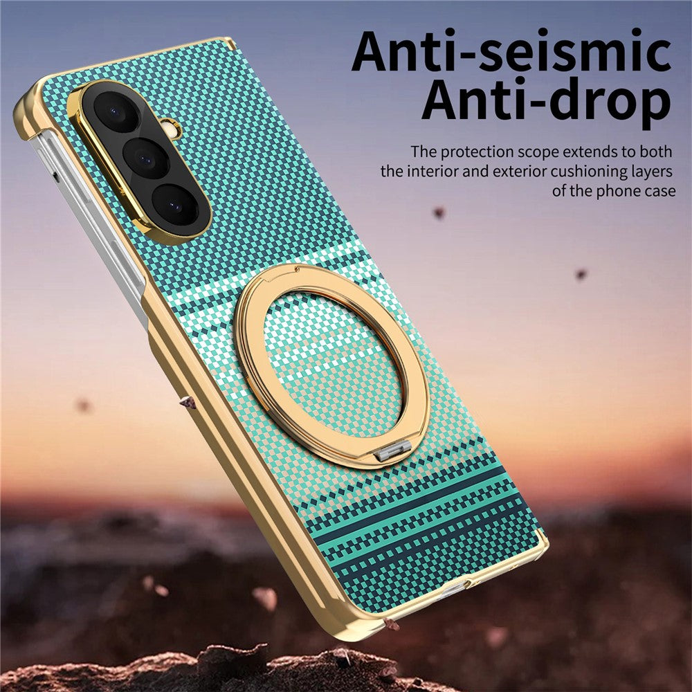 For Samsung Galaxy Z Fold7 5G Magnetic Case Ring Kickstand Hinge Design Electroplated Leather + PC Cover