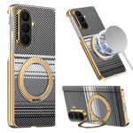 For Samsung Galaxy Z Fold7 5G Magnetic Case Ring Kickstand Hinge Design Electroplated Leather + PC Cover