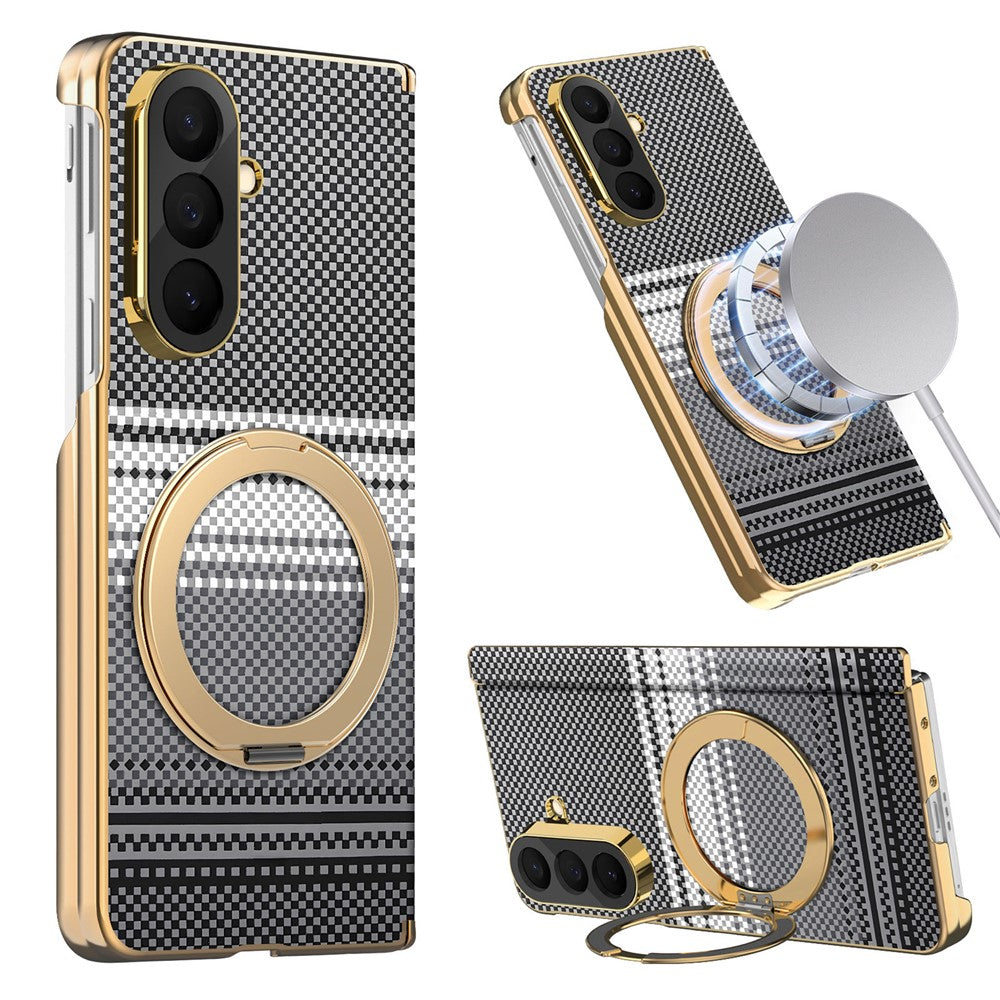 For Samsung Galaxy Z Fold7 5G Magnetic Case Ring Kickstand Hinge Design Electroplated Leather + PC Cover