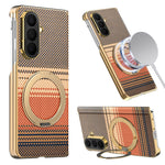 For Samsung Galaxy Z Fold7 5G Magnetic Case Ring Kickstand Hinge Design Electroplated Leather + PC Cover