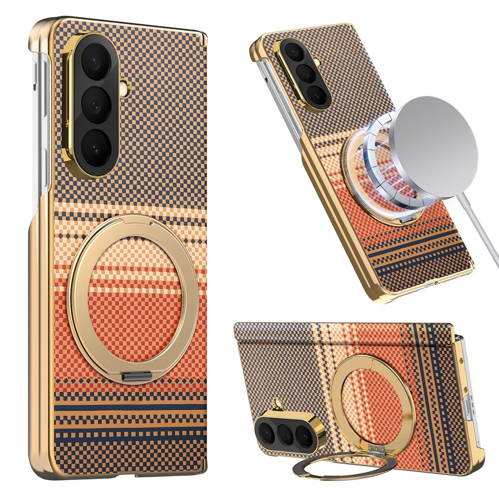 For Samsung Galaxy Z Fold7 5G Magnetic Case Ring Kickstand Hinge Design Electroplated Leather + PC Cover