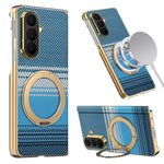 For Samsung Galaxy Z Fold7 5G Magnetic Case Ring Kickstand Hinge Design Electroplated Leather + PC Cover