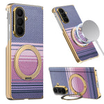 For Samsung Galaxy Z Fold7 5G Magnetic Case Ring Kickstand Hinge Design Electroplated Leather + PC Cover
