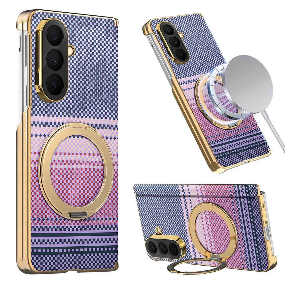 For Samsung Galaxy Z Fold7 5G Magnetic Case Ring Kickstand Hinge Design Electroplated Leather + PC Cover