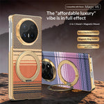 For Honor Magic V6 5G Magnetic Case Ring Kickstand Hinge Design Electroplated Leather + PC Cover