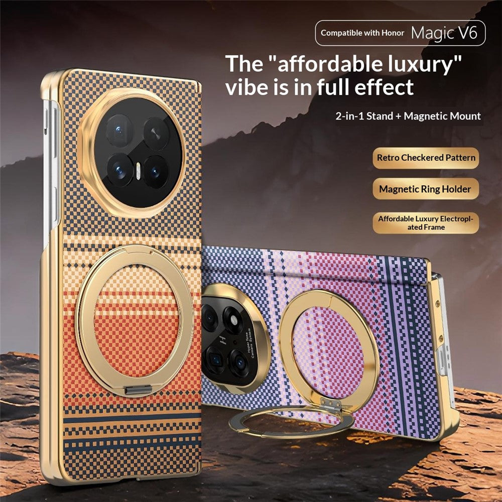 For Honor Magic V6 5G Magnetic Case Ring Kickstand Hinge Design Electroplated Leather + PC Cover